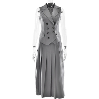 Autumn Elegant Maxi Skirt Sleeveless Vest Pleated Dress Two Piece Sets