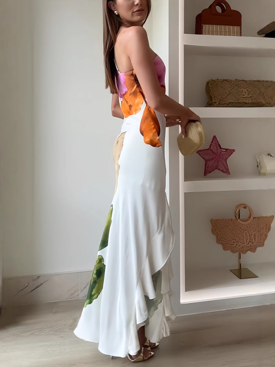 Ladies' Fashion Design Flower Printed Elegant Single Shoulder Side Ruffle Long Dress