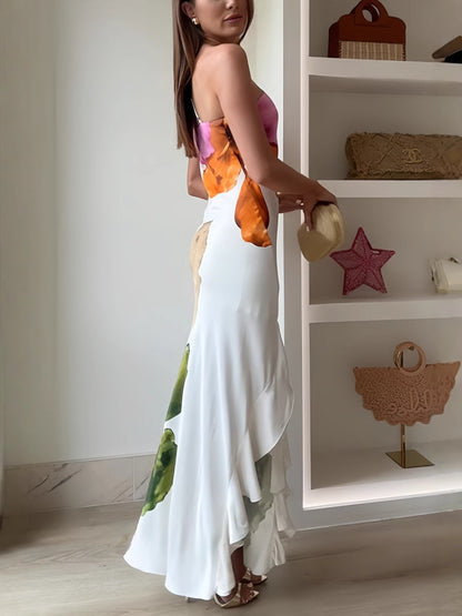 Ladies' Fashion Design Flower Printed Elegant Single Shoulder Side Ruffle Long Dress