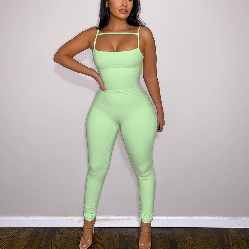 Women Clothing Summer Sexy Slim Bottoming Sunken Stripe Suspender Jumpsuit