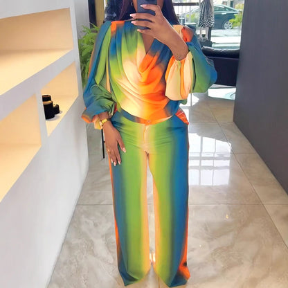 Lantern Sleeve Non Positioning Printing Swing Collar Wide Leg Pants Sets