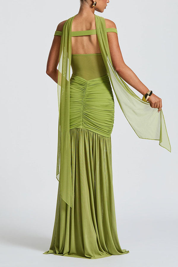Raise The Level Mesh Off Shoulder Ruched Scarf Stretch Maxi Dress