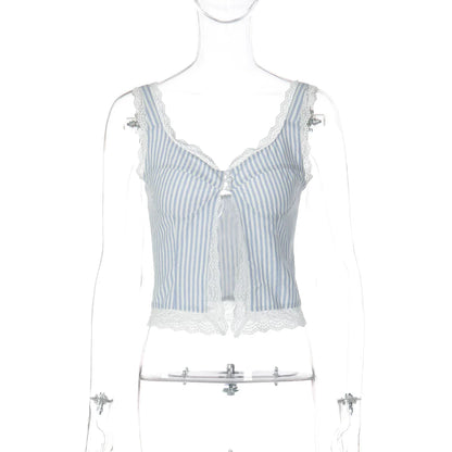 Lace Trim Striped Button Camisole