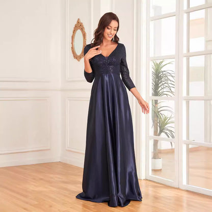 Blue Color Sequin V neck Long Sleeve Dress Satin Dress Slim Fit A line Dress Bridesmaid Cocktail Evening Dress
