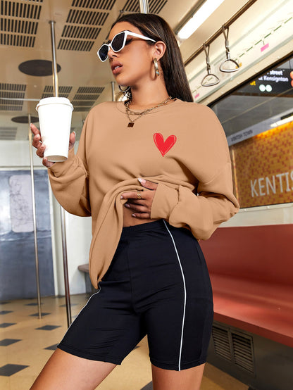 Casual Love Heart Line Letter Graphic Print round Neck Long Sleeve Sweatshirt Sweatshirt
