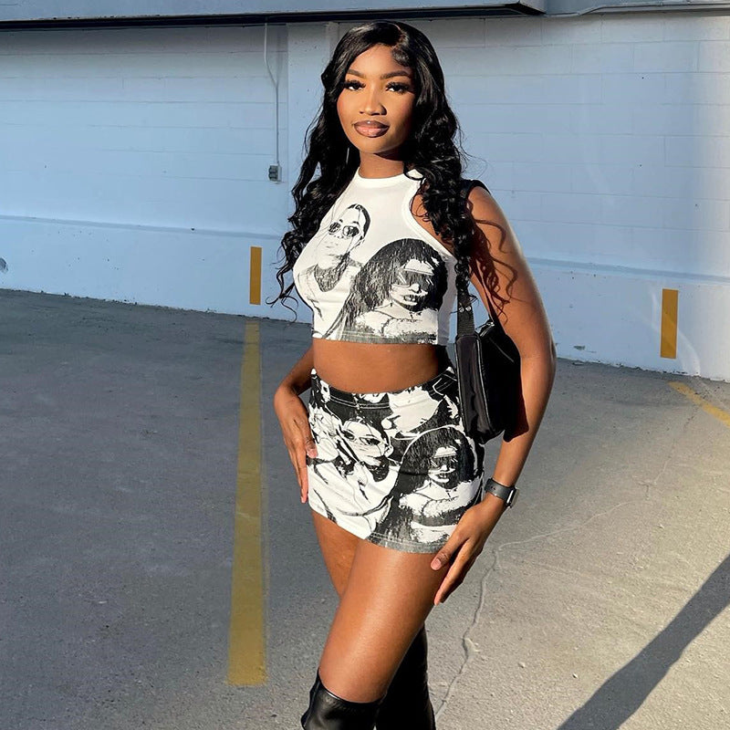 Round Neck Cartoon Printed Sleeveless Short Vest Skirt Set Women