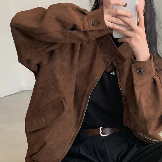 Nirvi Faux Suede Stand Collar Jacket
