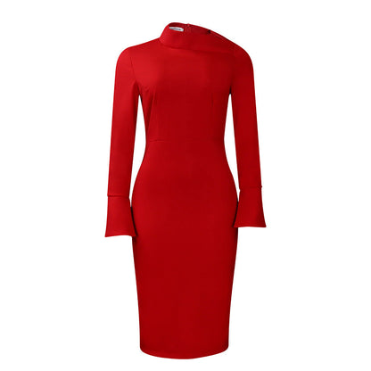 Autumn Winter Long Sleeve Narrow Office Diagonal Collar Solid Color Dress