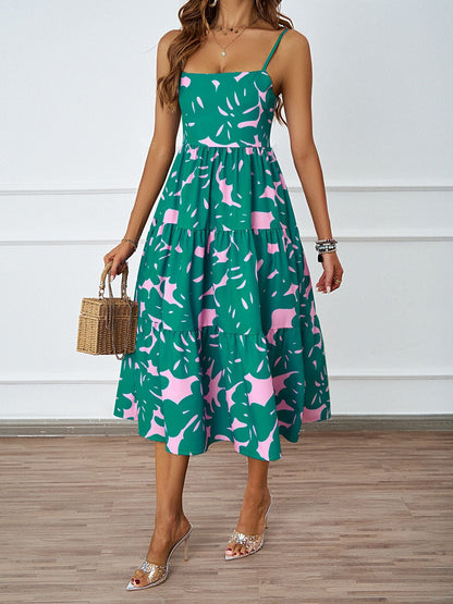 Vacation Spaghetti Strap Backless A line Long Casual Swing Printing Dress Women