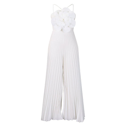 Women Clothing Summer Halter Three Dimensional Floral Solid Color Wide Leg plus Size Jumpsuit