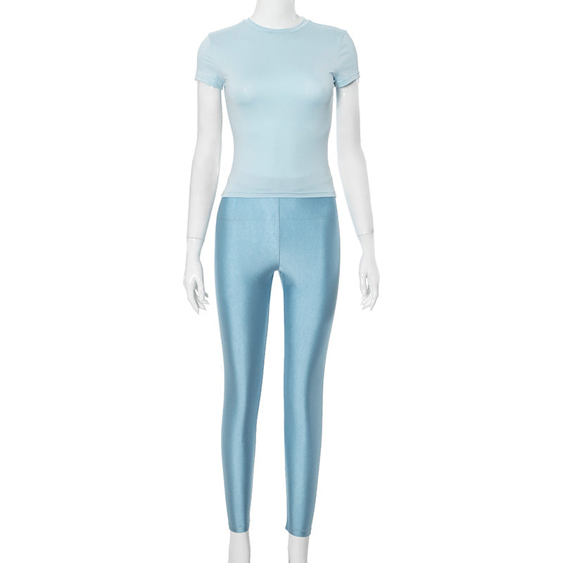 Autumn Women Clothing Round Neck Short Sleeve High Waist Slimming Pants Casual Suit