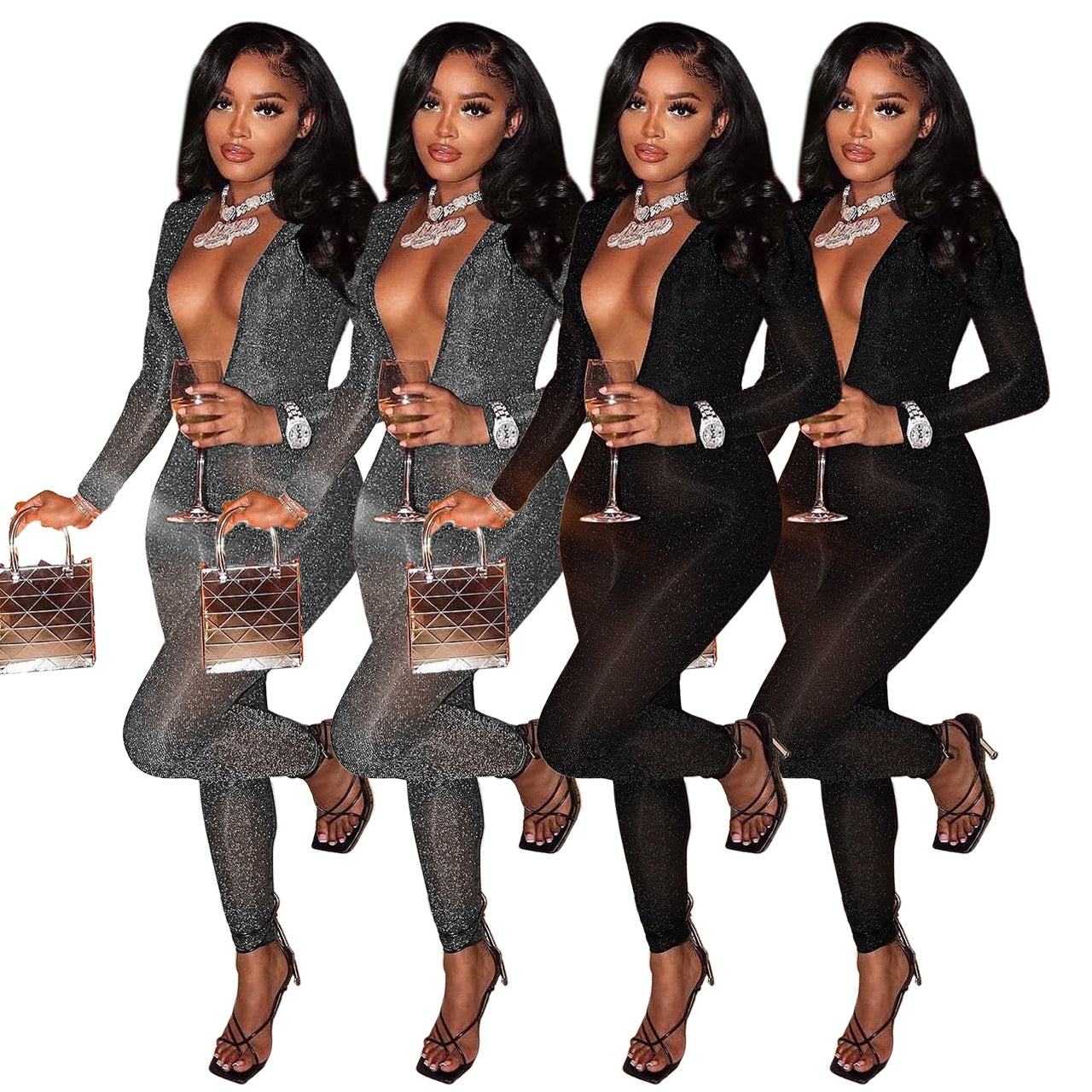 Women Clothing Eaby Deep V Plunge neck Night Club Bright Silk Slim Hollow Out Cutout Sexy Jumpsuit