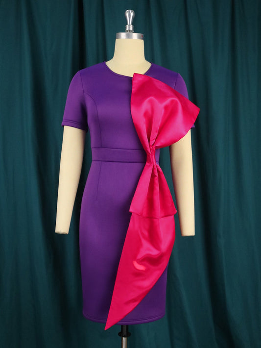 Spring Contrast Color Hip Office Big Bow Decorative Dress Bow Dress