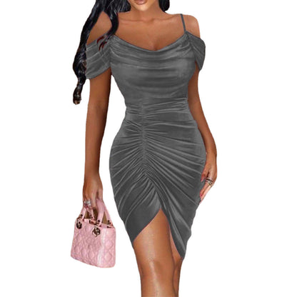 Spring Dress Sexy Slim Strap Fluff Drawstring Irregular Asymmetric Dress