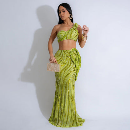 Women Sleeveless One Shoulder Short Length Top with Sexy Sheath Skirt Sets