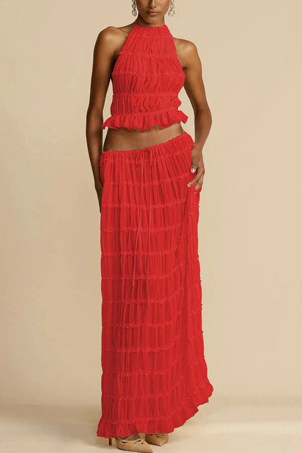 Versatile retro charm pleated drawstring waistline long skirt set