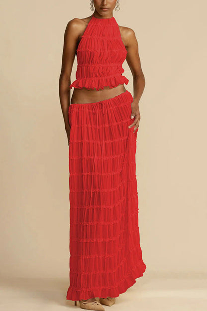 Versatile retro charm pleated drawstring waistline long skirt set