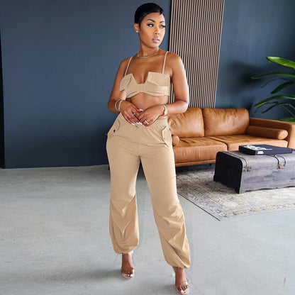 Spaghetti Straps Corset Niche Cropped Outfit Ankle Tied Trousers Drawstring Two Piece Set for Women