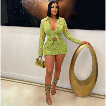Women Knitting Two Piece Sets Sexy Hollow Out Cutout Long Sleeved Collared Knitted Skirt Outfit