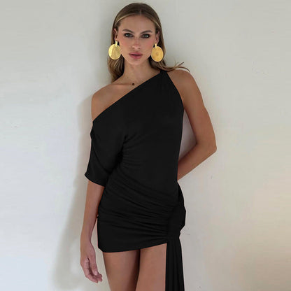 Women Clothing Spring Solid Color Sexy Oblique Shoulder Single Sleeve Asymmetric Ribbon Skinny Hip Dress