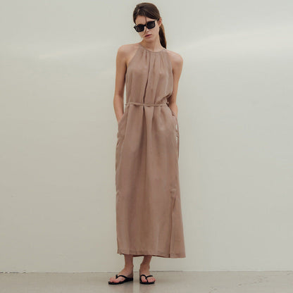 Breathable Halter Dress Twill Copper Ammonia Silk Lace up Design Loose Slimming Split Midi Dress