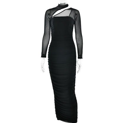 Women Dress Mesh round Neck Long Sleeve Backless Tube Top Slim Fit Pleated Dress