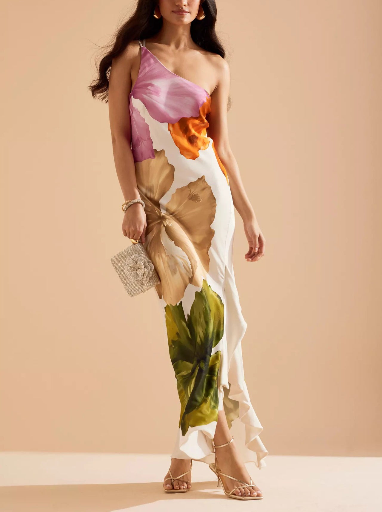 Ladies' Fashion Design Flower Printed Elegant Single Shoulder Side Ruffle Long Dress