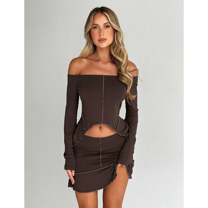 Women Clothing Sexy Solid Color Reverse Design Off Neck Skirt Set