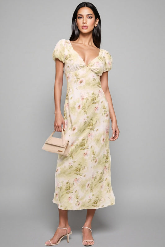 Julike Floral Bubble Sleeve Midi Dress