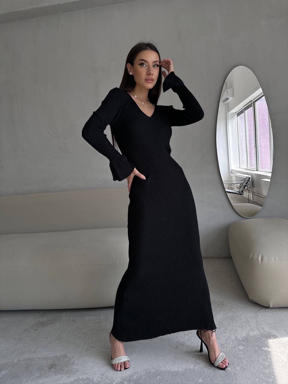 Long Sleeve V neck Tight Knitted Dress Solid Color Rib Fabric Wool Long Autumn Winter Dress
