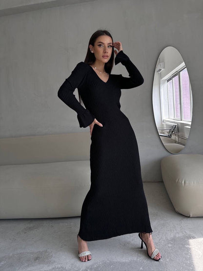 Long Sleeve V neck Tight Knitted Dress Solid Color Rib Fabric Wool Long Autumn Winter Dress