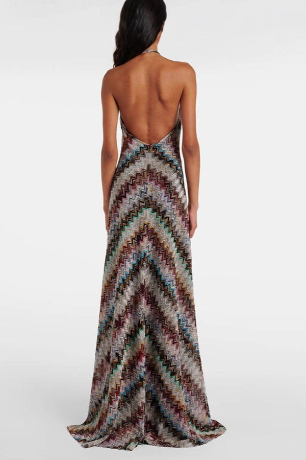 Jodie Knit Colorful Herringbone Print Halter Open Back Maxi Dress