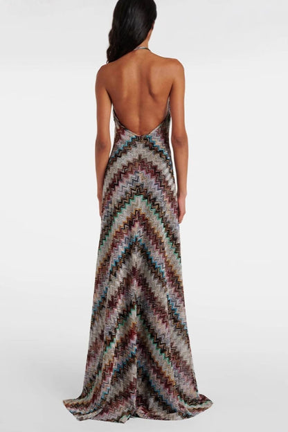 Jodie Knit Colorful Herringbone Print Halter Open Back Maxi Dress