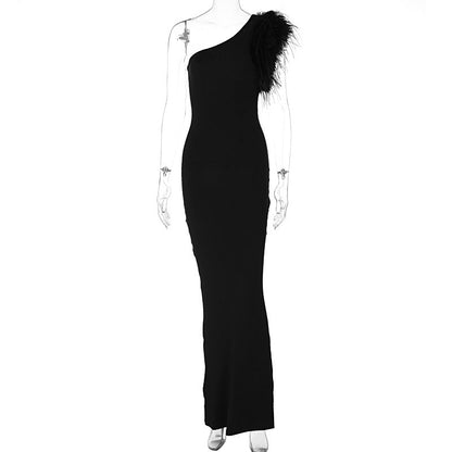 Dress Elegant Noble Solid Color Shoulder Stitching Feather Slim Slimming Long Evening Dress for Women