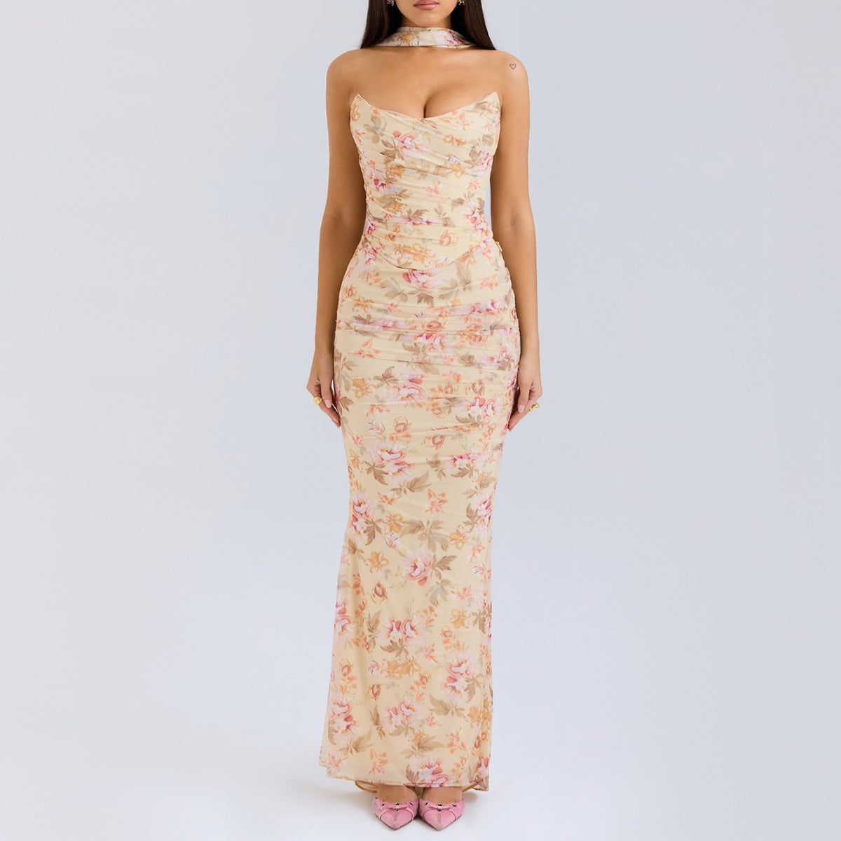 Sexy Dress Boning Corset Tube Top Skinny Sheath Skirt Long Skirt Set Autumn Two-Piece Set High Grade with Scarf