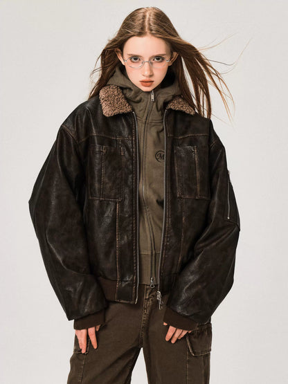 PU Leather Jacket with Lamb Wool Collar