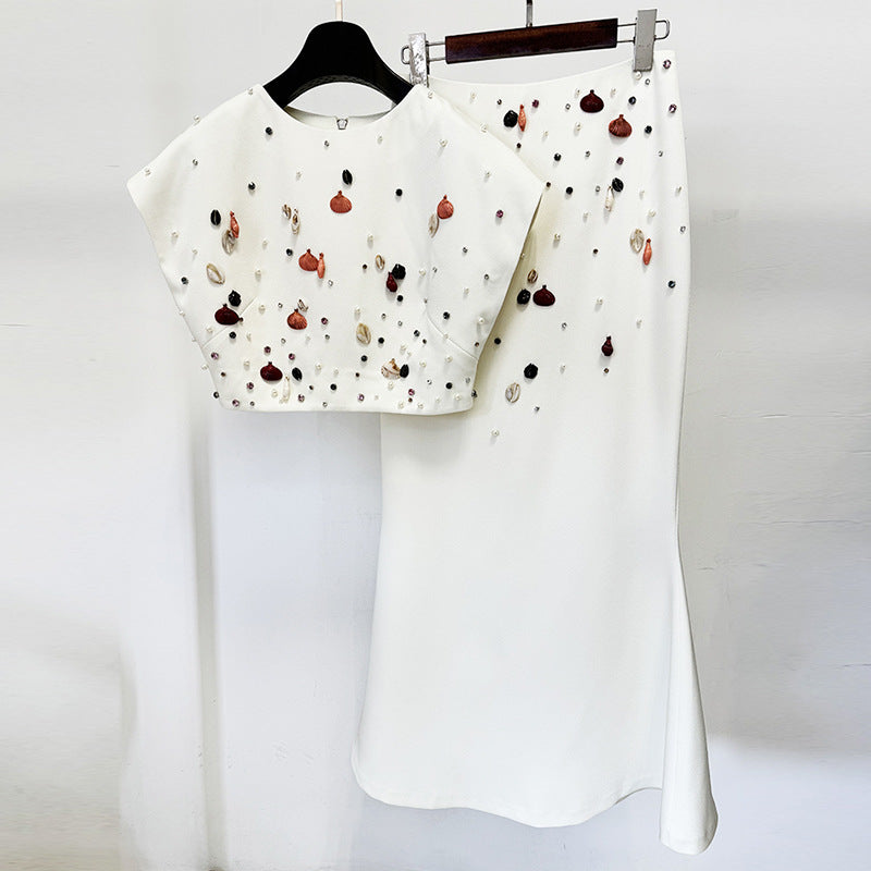 Star Heavy Industry Shell Beads Rhinestones Short Top Fishtail Mid Length Skirt Two Piece Sets