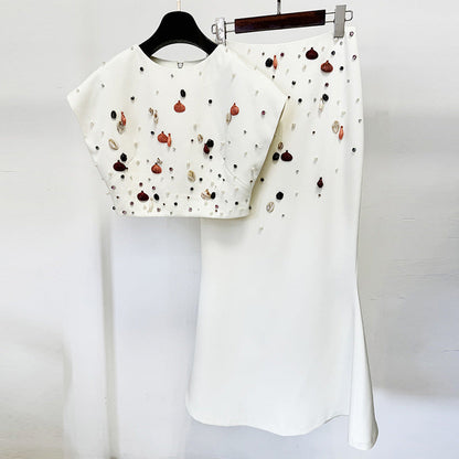 Star Heavy Industry Shell Beads Rhinestones Short Top Fishtail Mid Length Skirt Two Piece Sets