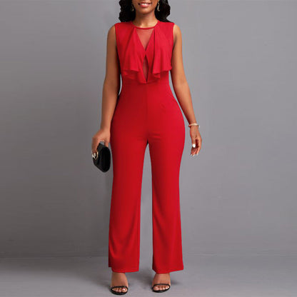 Women Wear Ruffled Sleeveless Straight Jumpsuit