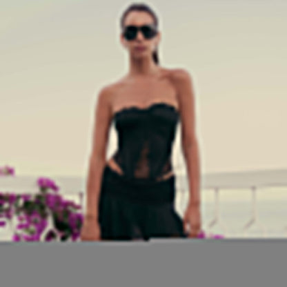 Popular Women Clothing Sexy Collage Lace See Through Wrapped Chest Ultra Short Double Layer Sexy Dress Outfit Women