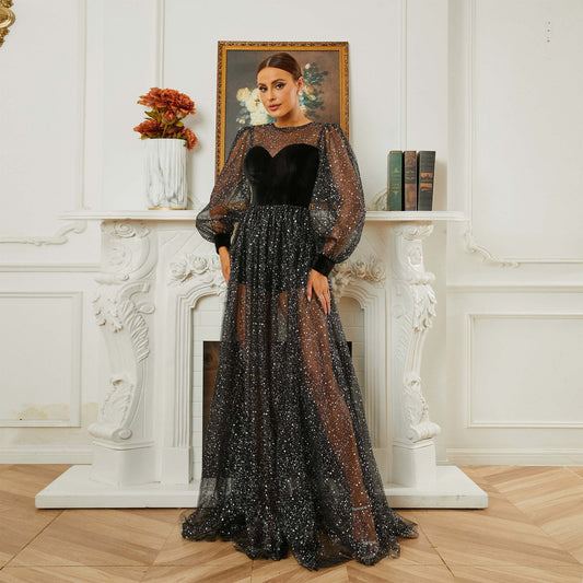 Long Sleeved round Neck Cocktail Sequin Gauze Large Swing Evening Dress Bridesmaid Dress Women