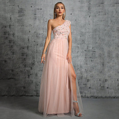 Evening Dress Women Spring Sexy Graceful Evening Dress Women Stitching One Shoulder Swing Dress