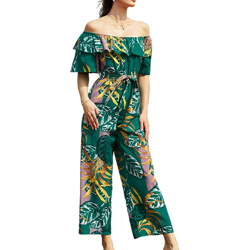 Women Clothing Fashion off-Shoulder Floral Jumpsuit Summer Short Sleeve Chiffon Vacation Beach Jumpsuit