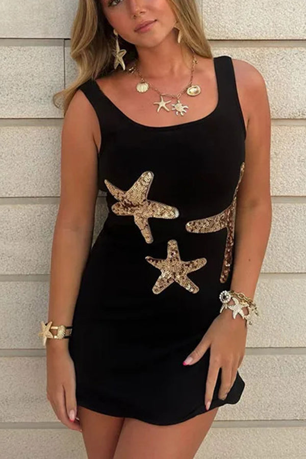 Beachside Dreams Starfish Sequin Wave Hem Stretch Tank Mini Dress