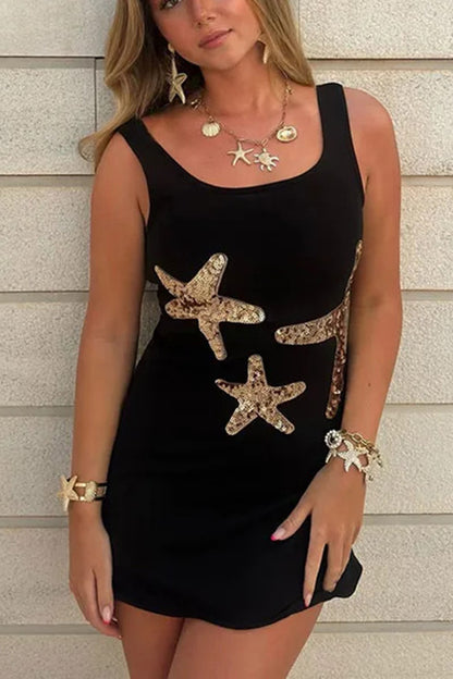 Beachside Dreams Starfish Sequin Wave Hem Stretch Tank Mini Dress