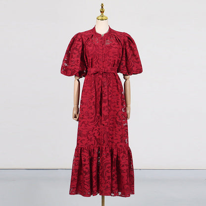 Retro Design Maxi Dress Spring Summer Single Breasted Printed Lace up Short Sleeve Long Pattern Dress Women