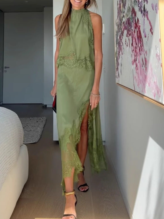 Modern Muse Satin Lace Trim Pleated Neck Top and A-line Irregular Slit Skirt Set