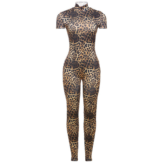 Spring Sexy Backless Skinny Personalized Printed Short Sleeved Jumpsuit Women Clothing