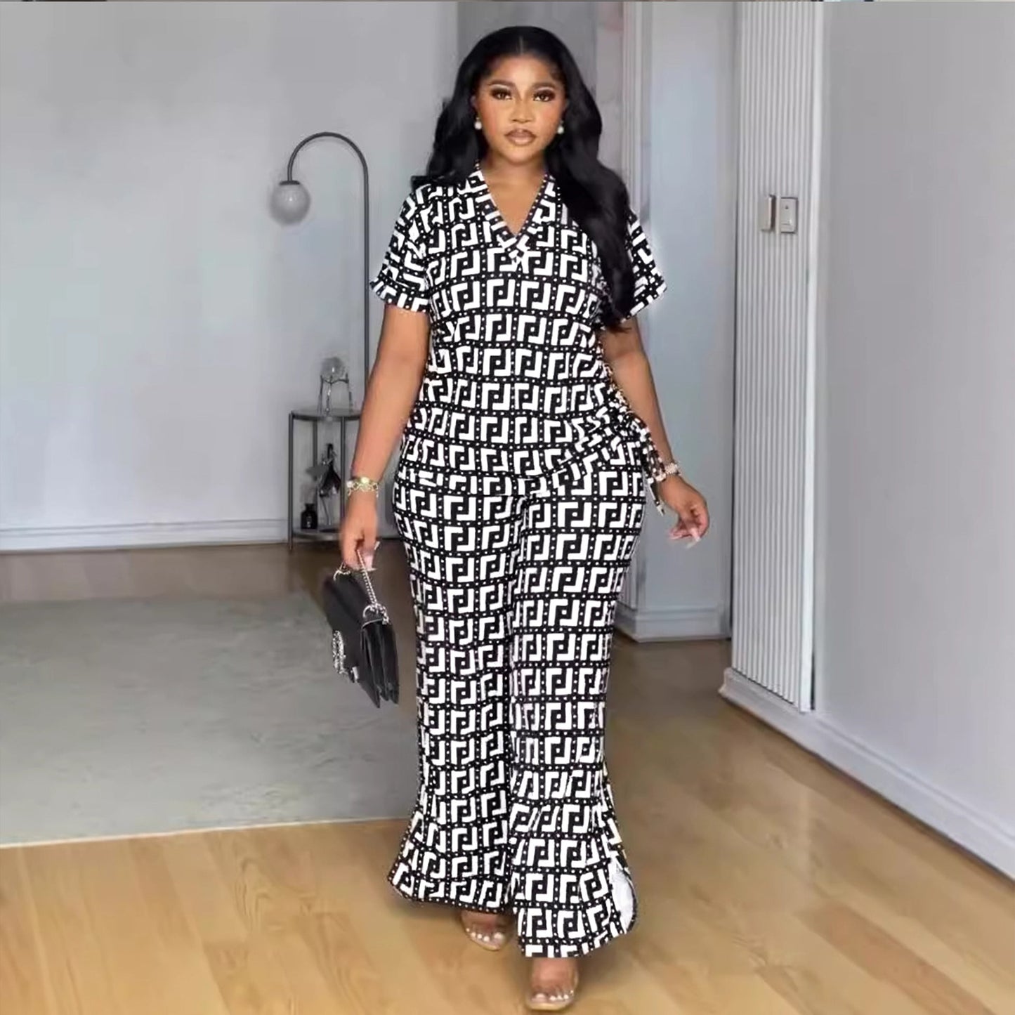 Women Printed V neck Pleating Wide Leg Pants Two Piece Set