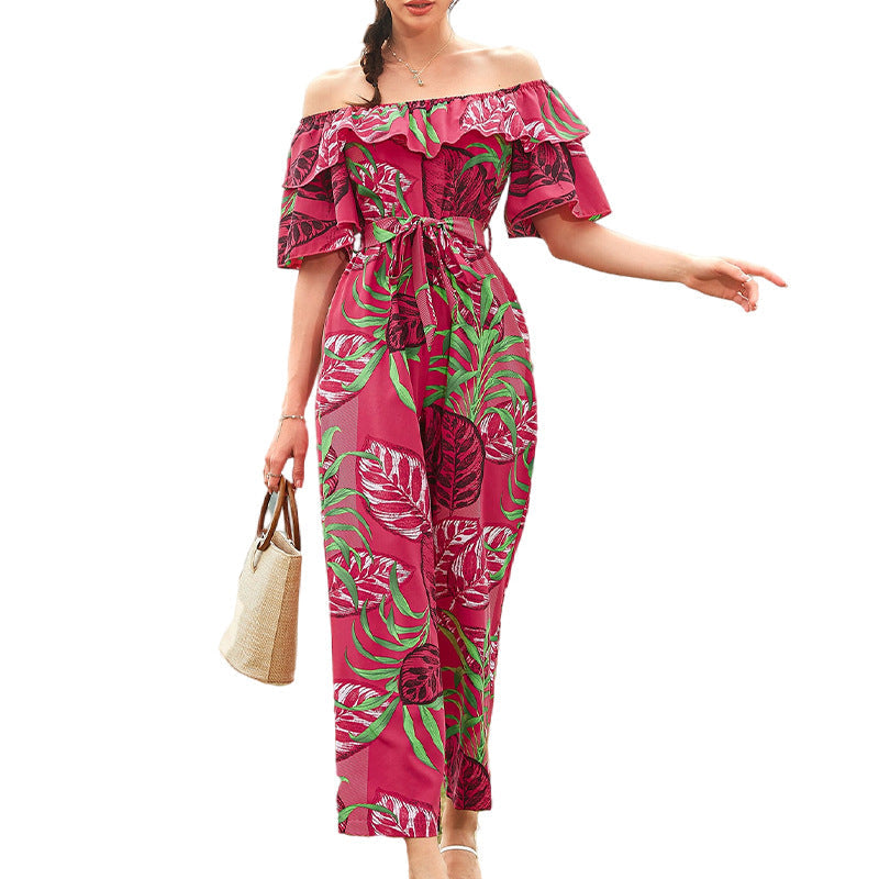 Women Clothing Fashion off-Shoulder Floral Jumpsuit Summer Short Sleeve Chiffon Vacation Beach Jumpsuit